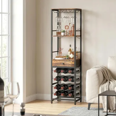Imagen del producto de Armario bar Sweiko con cajón, estilo industrial, botellero para 12 botellas, soporte para copas, color marrón rústico