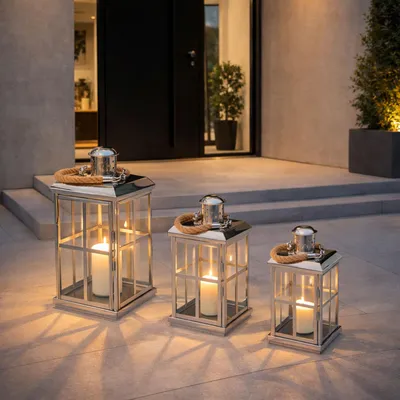 Produktbild von 3er Set Edelstahl Glas Laternen Windlicht Gartenlaterne mit Griff H27/39/52m