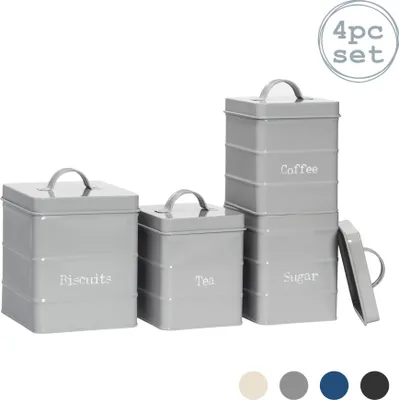 Produktbild von Harbour Housewares 4 Stück Industrie Küche Lagerung Kanister Set - Vintage Style Stahl Tee Kaffee Zucker Caddy mit Deckel - Grau