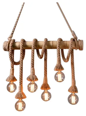 Retro-Pendelleuchte 6-flammig, Bambus/Hanfseil, 80 cm