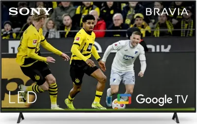 A Sony Bravia smart TV displaying a soccer match with overlaid text and logos.