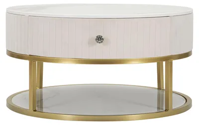 Immagine prodotto di Tavolo da Caffè Montpellier Crema - Design rotondo in metallo dorato con simil marmo e cassetto integrato Ø 75x36 cm - Stile Glam