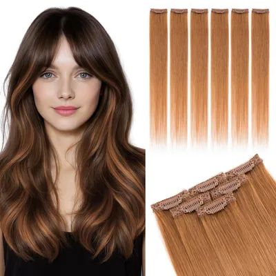 Produktbild von Clip in Extensions Echthaar 6 Stück 40cm Braun Highlights Glatt 40g