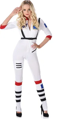 A woman in an astronaut costume posing.