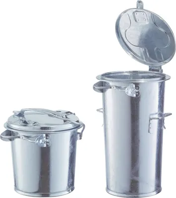 Two galvanized steel trash cans with lids, one open and one closed, against a white background.