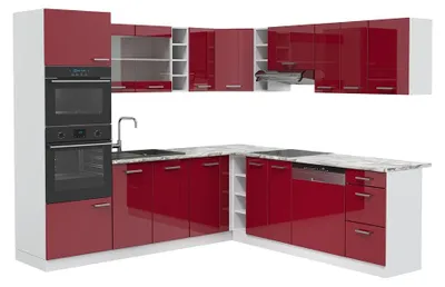 Image de Cuisine en angle Vicco R-Line Rouge brillant/Blanc 247 x 237 cm, PT Marbre, Model 37690