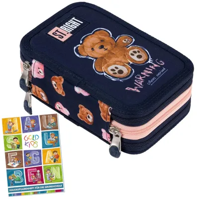 Produktbild von Goldkids - Federmäppchen 3 Fächer - Mäppchen für Mädchen und Jungen - Federmappe 3-Fach Federtasche Gefüllte Schulmäppchen und Hausaufgabenheft - Bär