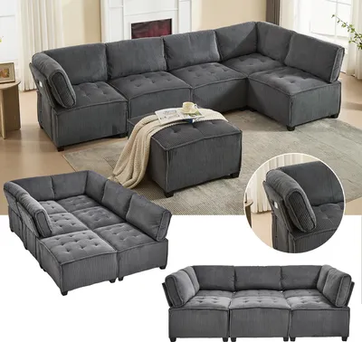 Zdjęcie produktu dla Modułowa 6-osobowa sofa w kolorze szarym, zestaw wypoczynkowy z tkaniny corduroy, w kształcie litery U lub L, rozkładana sofa z kieszeniami do przechowywania, ergonomiczna sofa tapicerowana, możliwość elastycznego łączenia