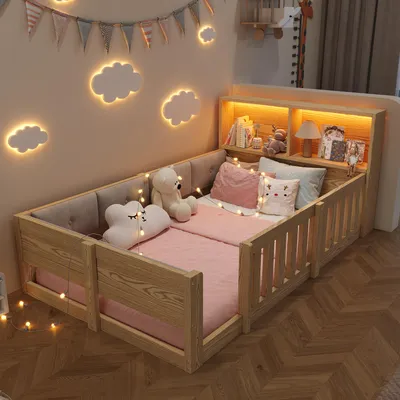 Productafbeelding van Bedframe 90 x 200 cm, Kleur naturel, Spaanplaat en pluche, Ledverlichting, Praktische opbergruimte