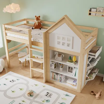Produktbild von MODFU Hochbett 90x200 Hausdesign mit Staufächer und Schubladen Kinderbett mit Sicherheitsgeländer ohne Matratze Weiß+Natur
