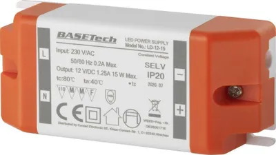 Produktbild von Basetech LD-12-15 LED-Trafo Konstantspannung 15 W 1.25 A Möbelzulassung, Überspannung, Montage auf entflammbaren Oberfl