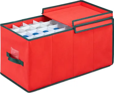 Produktbild von Relaxdays Weihnachtskugel Aufbewahrungsbox, für 128 Kugeln, HxBxT: 30 x 30 x 60 cm, Vlies, Pappe, Kugelkiste, rot/grün