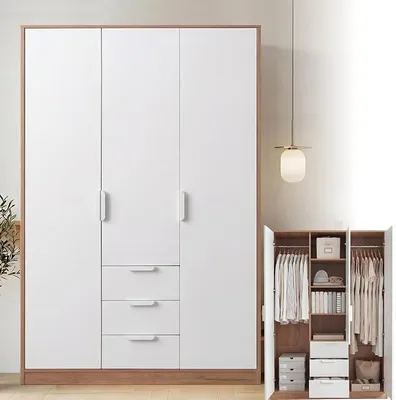 Produktbild von Kleiderschrank 3-türig Weiß & Eiche-Optik – Drehtürenschrank | Mit 3 Schubladen 2 Kleiderstangen 4 Fächern – Groß Garderobenschrank für Schlafzimmer, Garderobe Flur– 176 x 120 x 52 cm