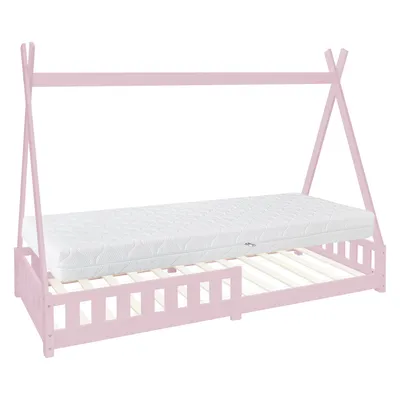 A pink teepee-style children's bed with a mattress and wooden slats, shown against a white background.