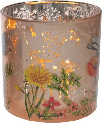 Produktbild von Windlicht Glas mit Blumen Nachbildung Teelichterhalter bunt Ø15cm H15cm Blumenwiese