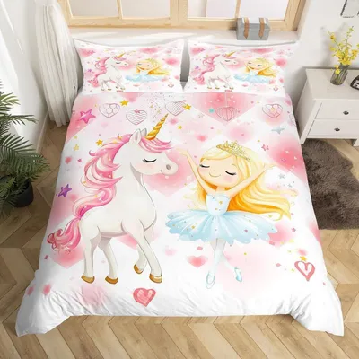 Produktbild von Bettwäsche-Set Kinder Einhorn Ballett Mädchen 200x200cm Rosa Mikrofaser 2 Kissenbezüge 80x80cm