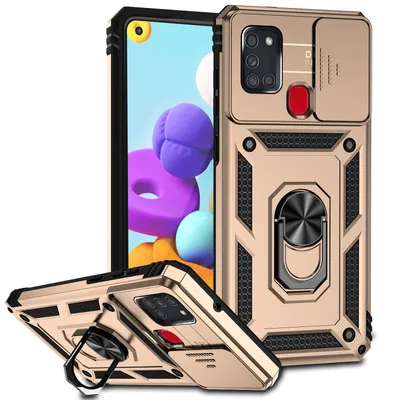 Immagine prodotto di Custodia per Samsung Galaxy A21S a doppio strato con copertura scorrevole della fotocamera e supporto ad anello Oro