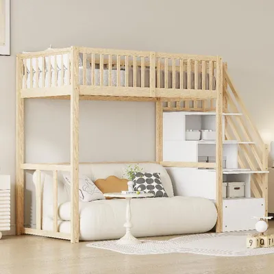Zdjęcie produktu dla Łóżko piętrowe 90x200 cm wykonane z litego drewna sosnowego, wyposażone w schodki z miejscem do przechowywania oraz biurko. Łóżko piętrowe dla dzieci i młodzieży, w kolorze białym/kolor drewna