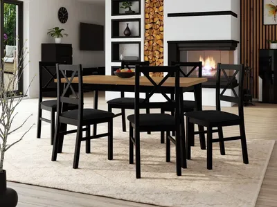 Obrázok produktu pre Rozkladací jedálenský stôl 140 cm so 6 stoličkami ADELBITE 3 - dub grandson / čierny