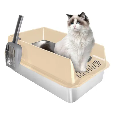 Produktbild von Katzenklo Edelstahl,Large Offene Katzentoilette Edelstahl Katzenklo Groß mit Schaufel,für Katze Und Häschen, leicht zu reinigen 60x40x30cm Gelb