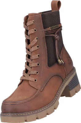 A single brown lace-up boot with a thick sole and a decorative strap around the ankle.