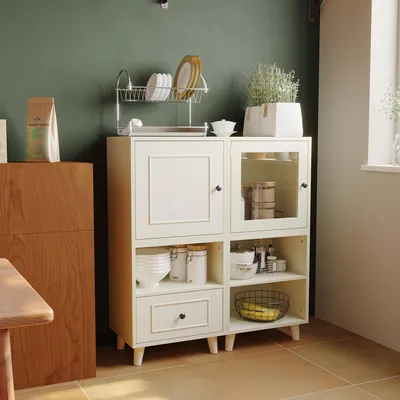 Produktbild von Vitrine Besteht aus 4 kleinen Schränken mit Glastüren, Schubladen und Sockeln aus Massivholz, Weiß, Massivholz+MDF+Glas, Maße pro Schrank: 40×30×40cm