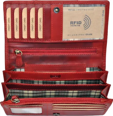 An open red leather wallet showing its interior compartments and card slots.