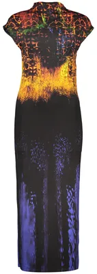 Produktbild von Langes Schwarzes Damenkleid mit Stehkragen und Kontrastdetails