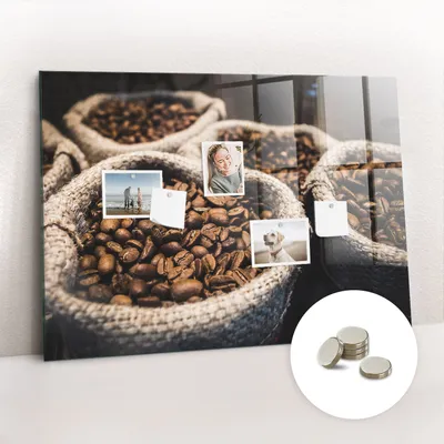 Produktbild von Magnetische Wandtafel aus Glas – Memotafel mit gebogener Vorderseite – Enthält 5 Magnete – 100x70 cm – Kaffeesäcke