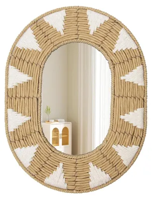 Ovale Wandspiegel, handgewebtes Rattan, Boho, 42 x 32 cm