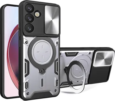Immagine prodotto di Custodia per Samsung Galaxy S25+ a doppio strato con copertura della fotocamera e supporto ad anello Argento