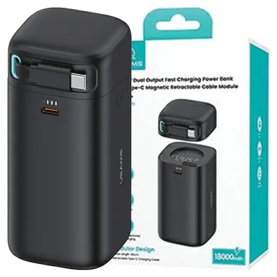 Produktbild von Usams Powerbank Ze Zwijanym Kablem Usb-C Retractable 18000 Mah Pd45W Fast Charge Xmf Series Czarny/Schwarz 20Kcd21601 (Us-Cd216)