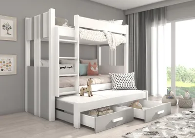 Obrázek produktu pro Třílůžková postel se zábranou a matracemi 80x180 KAGRA - bílá / šedá