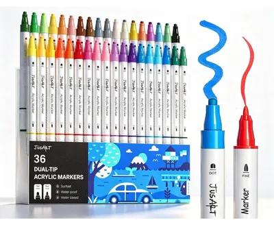Obrázok produktu pre Akrylové fixky, vodeodolné, 36 farieb, s dvojitou špičkou, vhodné na kamene, sklo, drevo, keramiku
