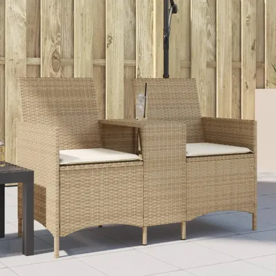 Produktbild von vidaXL Gartensofa 2-Sitzer mit Tisch und Kissen Beige Poly Rattan