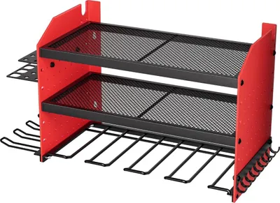 Immagine prodotto di Organizer per utensili elettrici da parete, scaffale a 3 ripiani con 4 supporti per trapani, porta utensili e scaffale con pannelli forati laterali, organizer per garage, banco da lavoro e officina