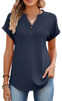 Produktbild von StylSense Tshirt Damen Sommer Baumwolle V Ausschnitt Bluse Kurzarm Tunika T Shirt Damen Elegant Oversize Oberteile Basic Tops mit Knöpfen – Dunkelblau