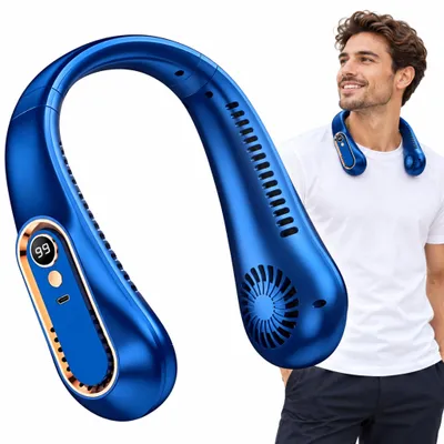 Produktbild von Nackenventilator tragbar mit 7000 mAh Akku – Halsventilator, 5 Stufen, Digitaldisplay, leise, Hände frei – Blau