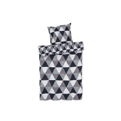 A duvet cover and pillow set with a geometric triangle pattern.