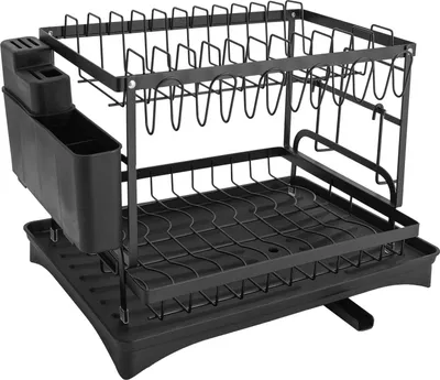 Immagine prodotto di Scolapiatti - 2 livelli - Acciaio - Vaschetta con scarico - Portaposate - Ganci - Per piano di lavoro della cucina - Nero