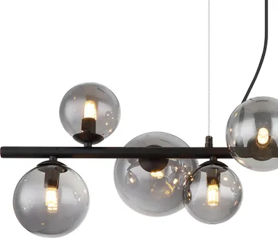 A close-up studio shot of a black linear chandelier with five smoked glass globes, each containing a visible LED bulb.
