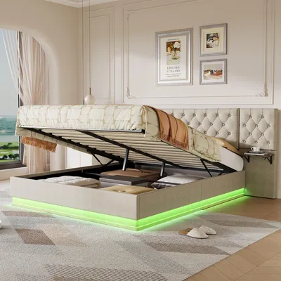 Obrázok produktu pre REMZETTA Čalúnená posteľ 140 x 200 cm pre dospelých, posteľ s úložným priestorom, hydraulickým roštom, RGB LED osvetlením, USB-C portom, bezdrôtovou nabíjačkou a odkladacími plochami, farba béžová