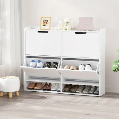 Produktbild von Schuhschrank - Schuhregal - Schuhaufbewahrungsmöbel - Schuhmöbel - Schuhregal mit Türen - Modernes, weißes Design - 4 Klapptüren
