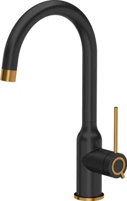 A black kitchen faucet with gold accents, shown against a white background.