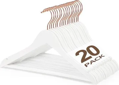 Zdjęcie produktu dla Wieszaki na ubrania, drewniane, 20 sztuk, białe, obrotowe o 360°, antypoślizgowe, z podkładkami na ramiona