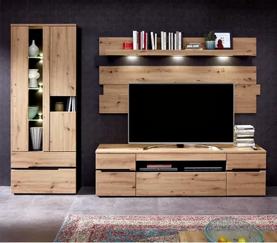Produktbild von Moderne TV Wohnwand inkl. LED-Beleuchtung MANRESA-36 in Artisan Eiche Nb. mit Graphit, B/H/T: ca. 287/197/47 cm