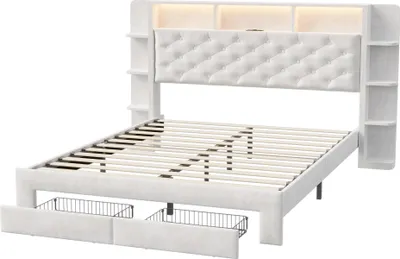 Produktbild von Gepolstertes Doppelbett 140 x 200 cm, LED-Beleuchtung, USB-Anschluss, Stauraum, Schubladen, Samtbezug, weiß