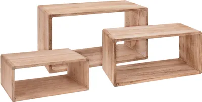 Three interlocking wooden shelves against a white background.