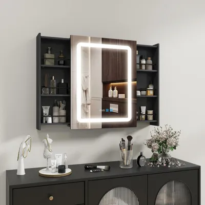 Image de Puluomis armoire de toilette salle de bain extractible antibuée avec éclairage variable en 3 couleurs, armoire de salle de bain avec prise électrique, port USB noir