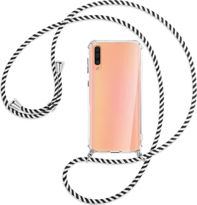 Produktbild von Handykette Backcover-Schutzhülle mit Band (Metall silberfarben) für Samsung Galaxy A50 - schwarz/weiß gestreift